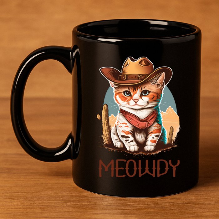 Meowdy Cat Funny Howdy Meme Western Cowboy Kitten 11oz C Handle Ceramic Mug
