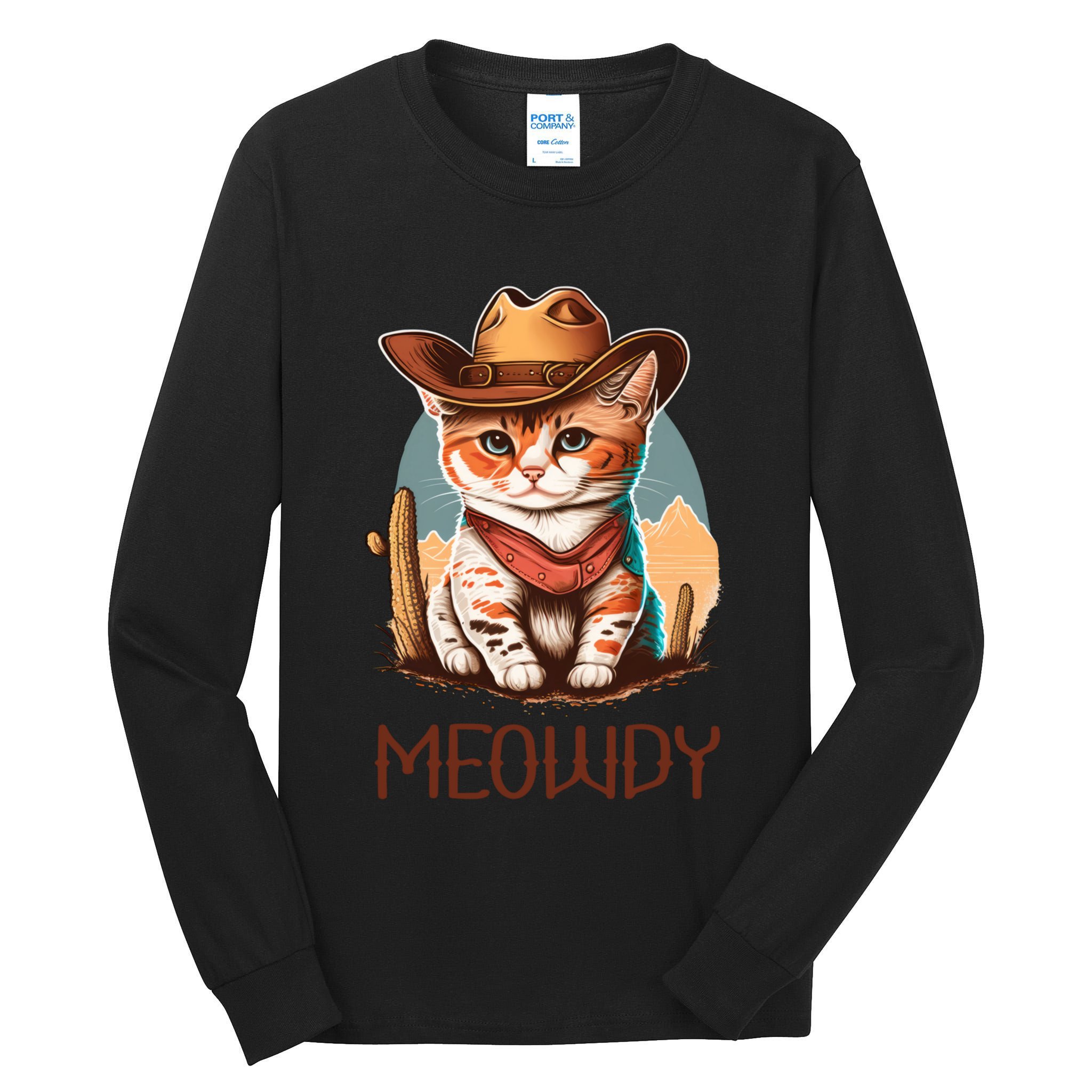 Meowdy Cat Funny Howdy Meme Western Cowboy Kitten Tall Long Sleeve T-Shirt