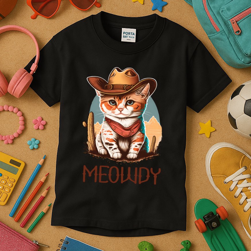 Meowdy Cat Funny Howdy Meme Western Cowboy Kitten Kids T-Shirt