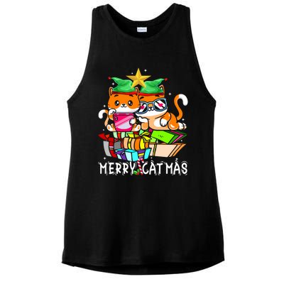 Merry Catmas Funny Cats Books Gnome And Coffee Christmas Tree Great Gift Ladies PosiCharge Tri-Blend Wicking Tank