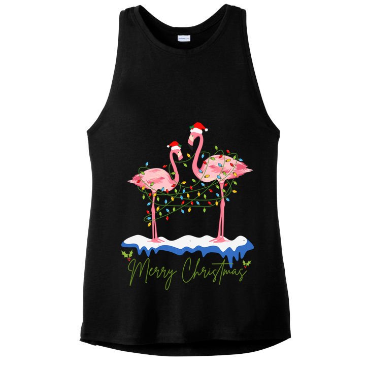 Merry Christmas Flamingo Holiday Ladies PosiCharge Tri-Blend Wicking Tank