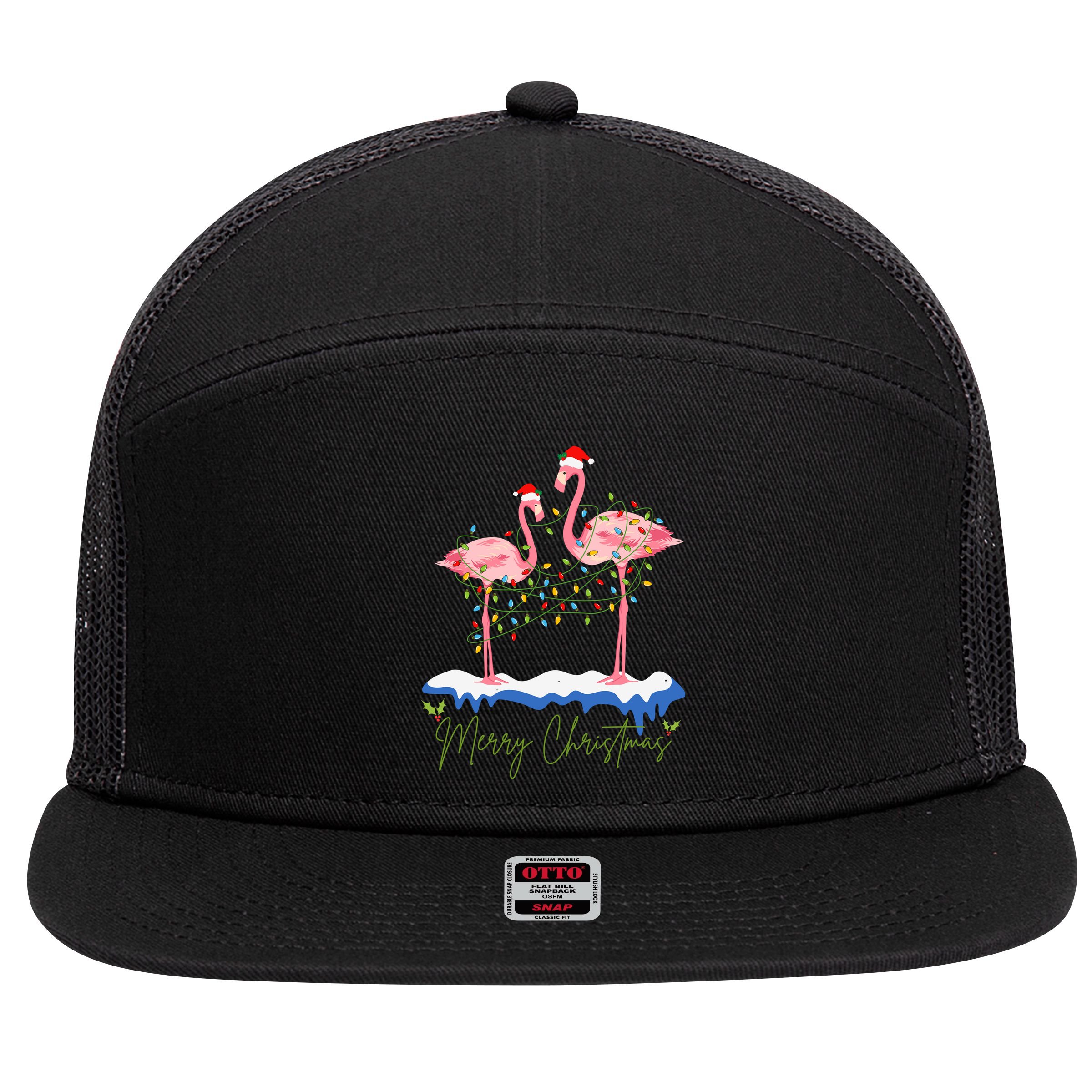 Merry Christmas Flamingo Holiday 7 Panel Mesh Trucker Snapback Hat