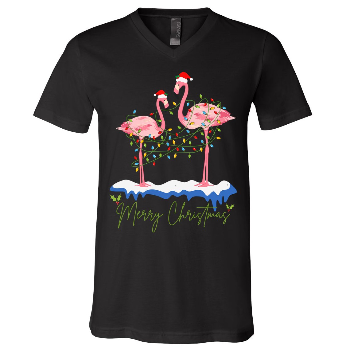 Merry Christmas Flamingo Holiday V-Neck T-Shirt