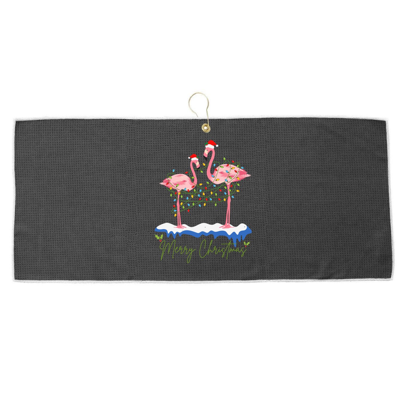 Merry Christmas Flamingo Holiday Large Microfiber Waffle Golf Towel