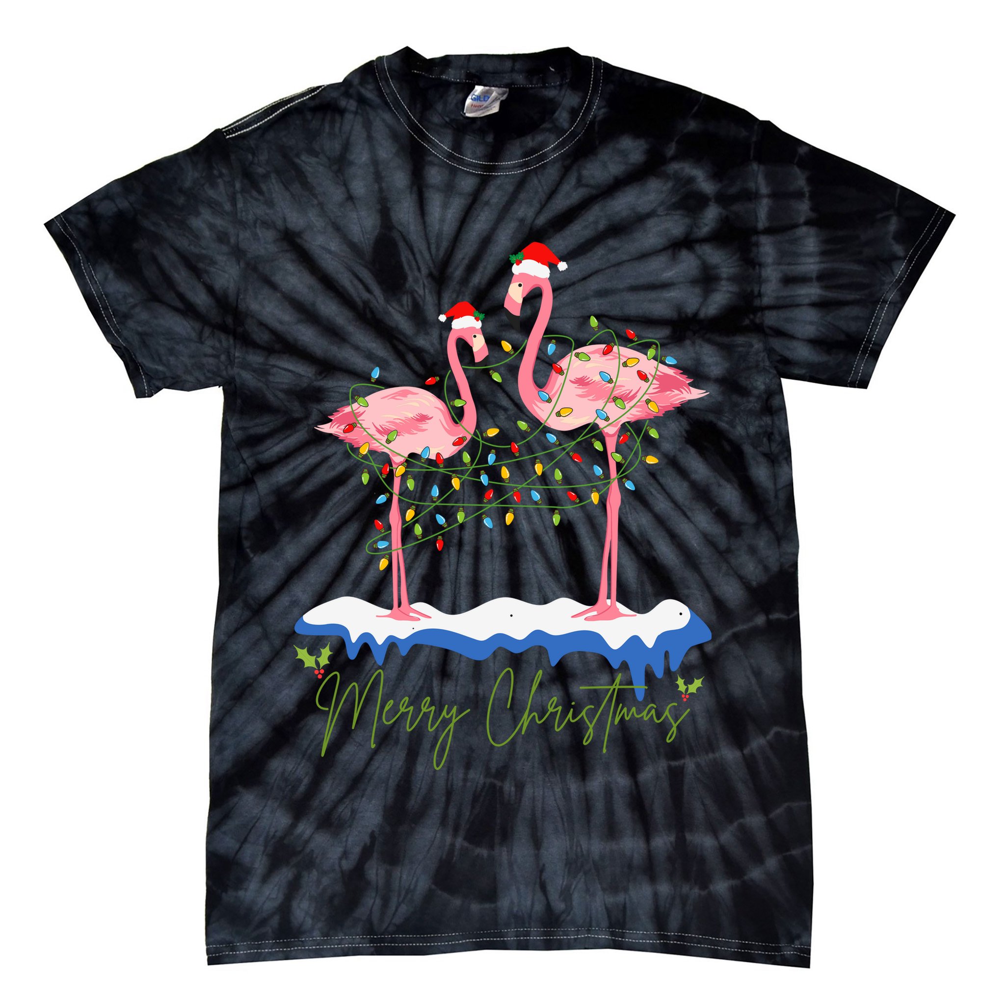 Merry Christmas Flamingo Holiday Tie-Dye T-Shirt