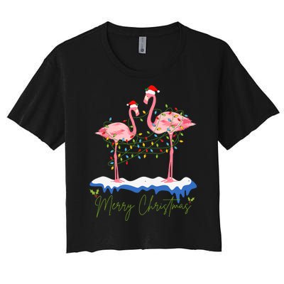 Merry Christmas Flamingo Holiday Women's Crop Top Tee