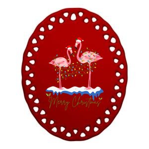 Merry Christmas Flamingo Holiday Ceramic Oval Ornament