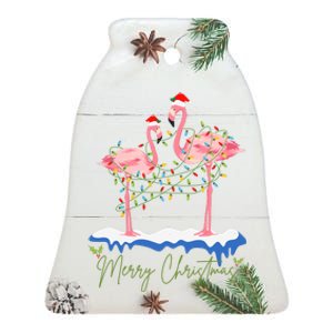 Merry Christmas Flamingo Holiday Ceramic Bell Ornament