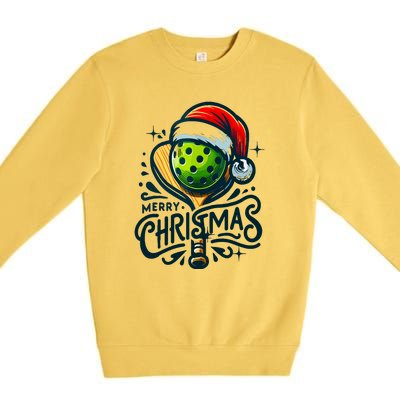 Merry Christmas Funny Pickleball Pickle Ball And Paddle Santa Hat Gift For Xmas Premium Crewneck Sweatshirt