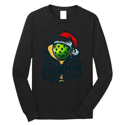 Merry Christmas Funny Pickleball Pickle Ball And Paddle Santa Hat Gift For Xmas Long Sleeve Shirt