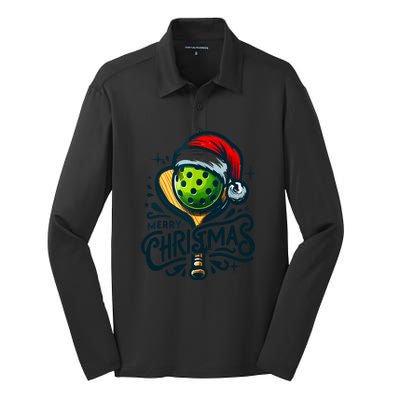 Merry Christmas Funny Pickleball Pickle Ball And Paddle Santa Hat Gift For Xmas Silk Touch Performance Long Sleeve Polo