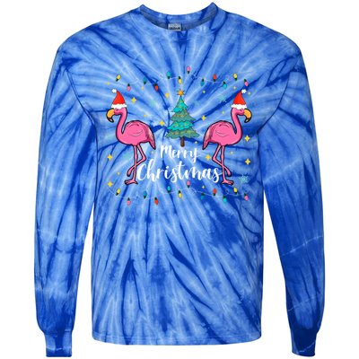 Merry Christmas Funny Santa Hat Flamingo Xmas Tree Christmas Gift Tie-Dye Long Sleeve Shirt