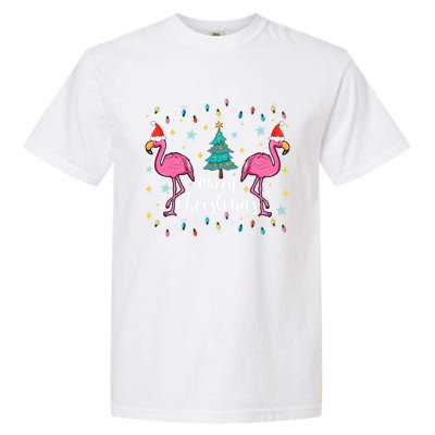 Merry Christmas Funny Santa Hat Flamingo Xmas Tree Christmas Gift Garment-Dyed Heavyweight T-Shirt