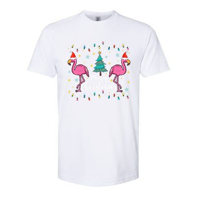 Merry Christmas Funny Santa Hat Flamingo Xmas Tree Christmas Gift Softstyle CVC T-Shirt