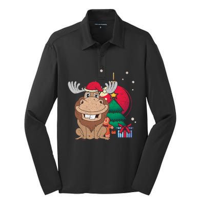 Merry Christmas Forest Animal Lover Xmas Tree Moose Gift Silk Touch Performance Long Sleeve Polo