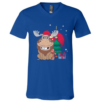 Merry Christmas Forest Animal Lover Xmas Tree Moose Gift V-Neck T-Shirt