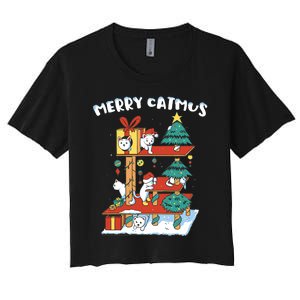 Merry Catmas Funny Cat Mom Cat Dad Christmas Cat Tree Toy Women's Crop Top Tee