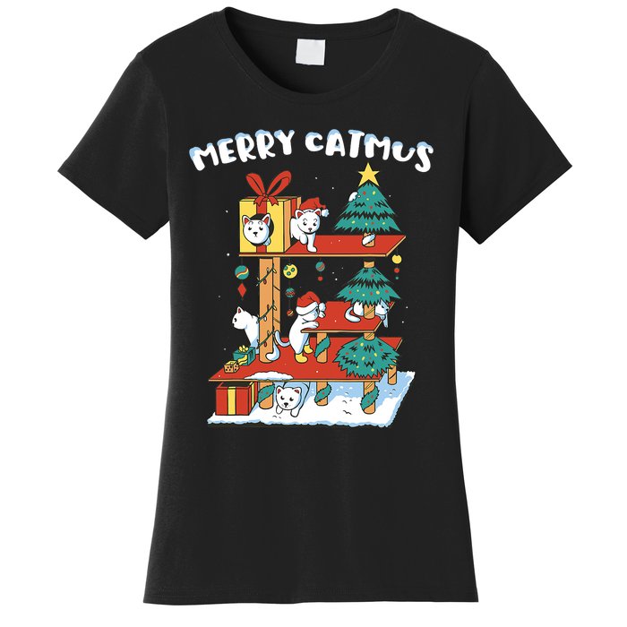 Merry Catmas Funny Cat Mom Cat Dad Christmas Cat Tree Toy Women's T-Shirt