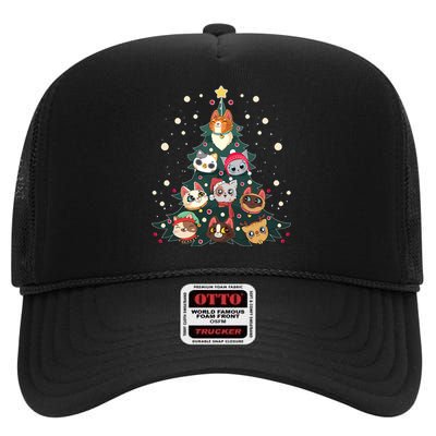 Merry Catmas Funny Christmas Tree Cats Xmas Meow Christmas High Crown Mesh Back Trucker Hat