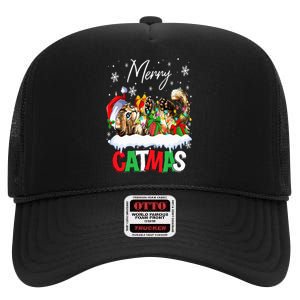 Merry Catmas Funny Cat Dad Cat Mom Christmas Cat High Crown Mesh Back Trucker Hat