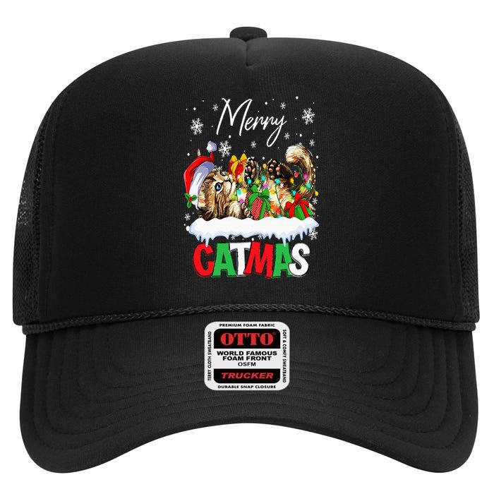 Merry Catmas Funny Cat Dad Cat Mom Christmas Cat High Crown Mesh Back Trucker Hat