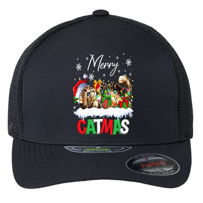 Merry Catmas Funny Cat Dad Cat Mom Christmas Cat Flexfit Unipanel Trucker Cap