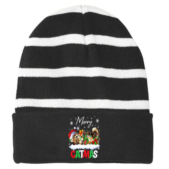 Merry Catmas Funny Cat Dad Cat Mom Christmas Cat Striped Beanie with Solid Band