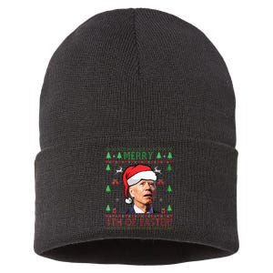 Merry Christmas Funny Joe Biden Happy 4th Of July Ugly Xmas Sustainable Knit Beanie