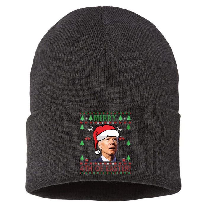 Merry Christmas Funny Joe Biden Happy 4th Of July Ugly Xmas Sustainable Knit Beanie