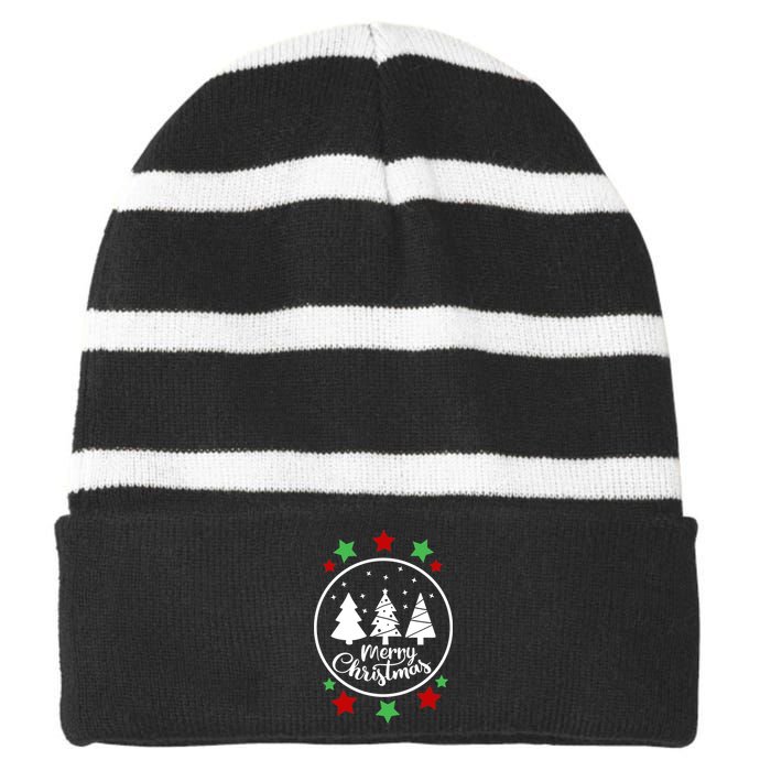 Merry Christmas Festive Circle Logo Striped Beanie with Solid Band