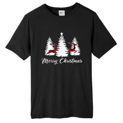 Merry Christmas For Women Buffalo Plaid Reindeer Tree Tall Fusion ChromaSoft Performance T-Shirt