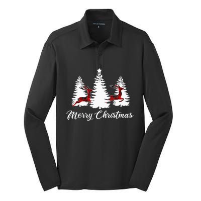 Merry Christmas For Women Buffalo Plaid Reindeer Tree Silk Touch Performance Long Sleeve Polo