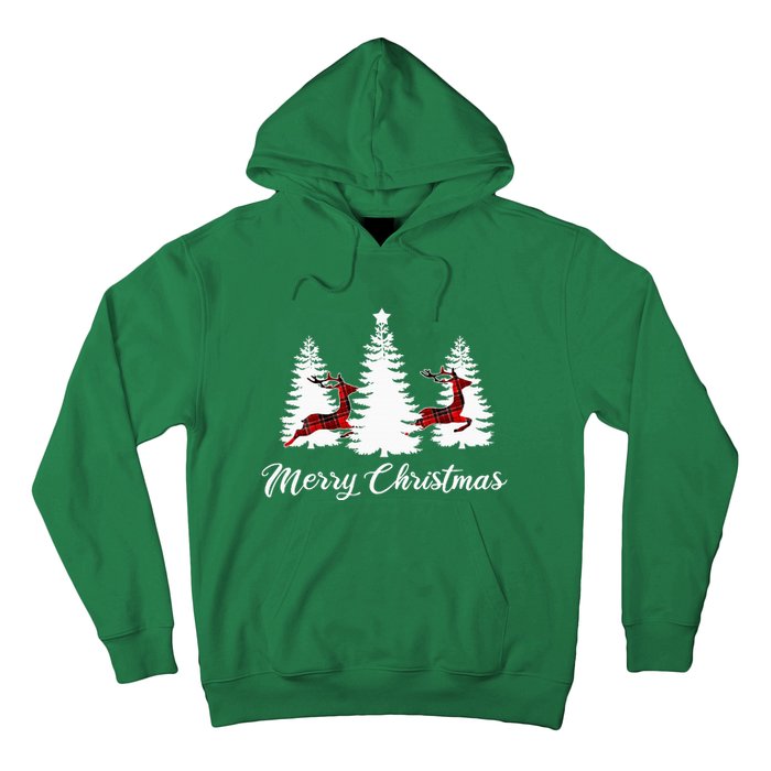 Merry Christmas For Women Buffalo Plaid Reindeer Tree Hoodie