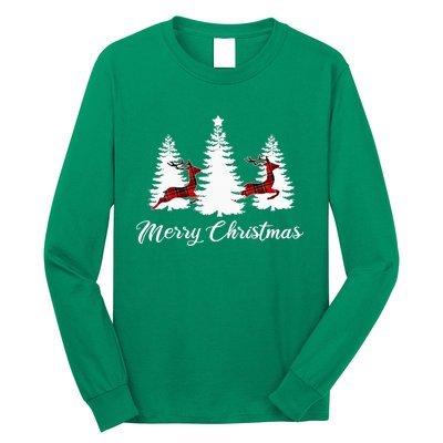 Merry Christmas For Women Buffalo Plaid Reindeer Tree Long Sleeve Shirt