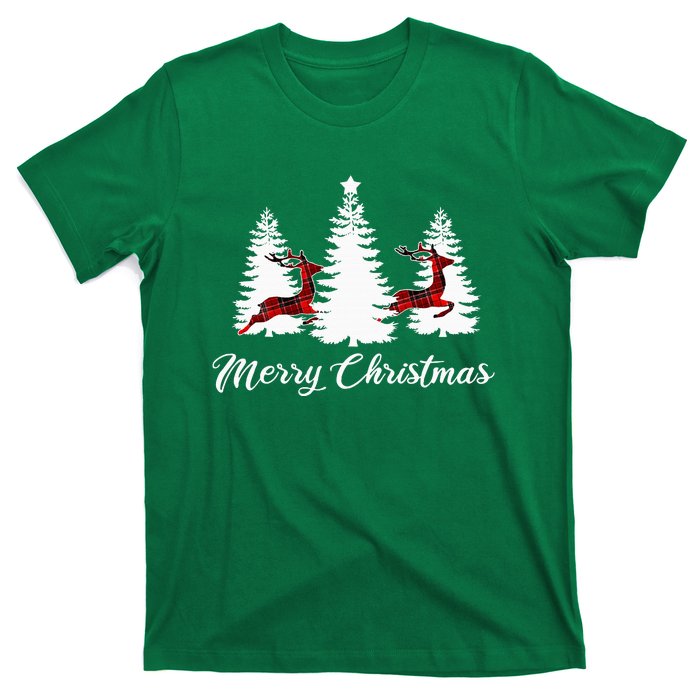 Merry Christmas For Women Buffalo Plaid Reindeer Tree T-Shirt