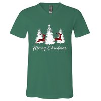 Merry Christmas For Women Buffalo Plaid Reindeer Tree V-Neck T-Shirt