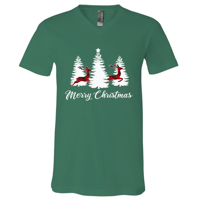 Merry Christmas For Women Buffalo Plaid Reindeer Tree V-Neck T-Shirt