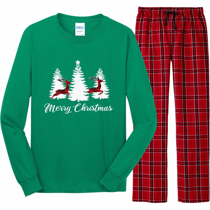 Merry Christmas For Women Buffalo Plaid Reindeer Tree Long Sleeve Pajama Set