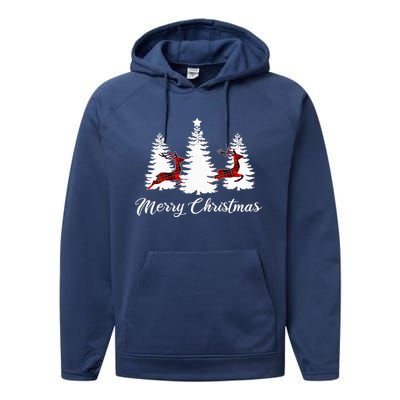 Merry Christmas For Women Buffalo Plaid Reindeer Tree Performance Fleece Hoodie