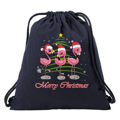 Merry Christmas Flamingo Santa Hat Funny Gifts Teens Girls Drawstring Bag