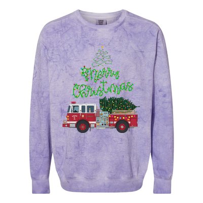 Merry Christmas Firetruck Xmas Tree Lights Colorblast Crewneck Sweatshirt