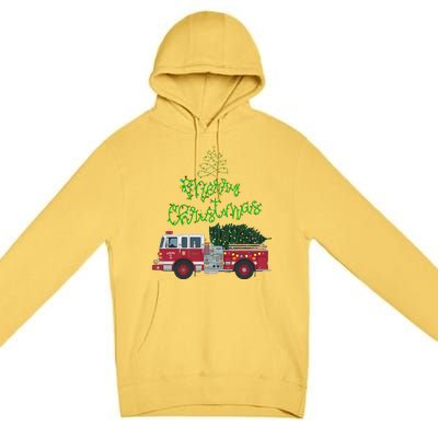 Merry Christmas Firetruck Xmas Tree Lights Premium Pullover Hoodie