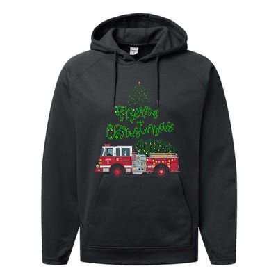 Merry Christmas Firetruck Xmas Tree Lights Performance Fleece Hoodie