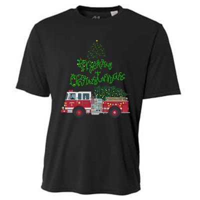 Merry Christmas Firetruck Xmas Tree Lights Cooling Performance Crew T-Shirt