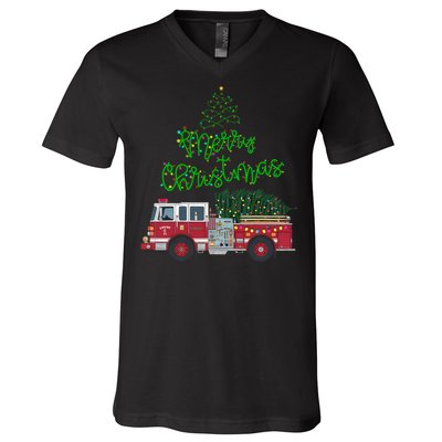 Merry Christmas Firetruck Xmas Tree Lights V-Neck T-Shirt