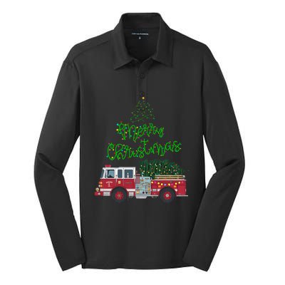 Merry Christmas Firetruck Xmas Tree Lights Silk Touch Performance Long Sleeve Polo