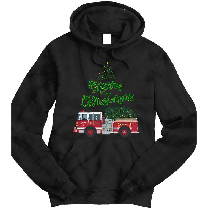 Merry Christmas Firetruck Xmas Tree Lights Tie Dye Hoodie