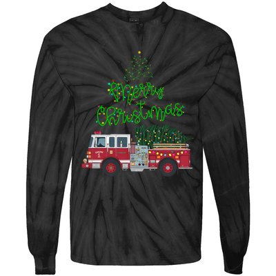 Merry Christmas Firetruck Xmas Tree Lights Tie-Dye Long Sleeve Shirt