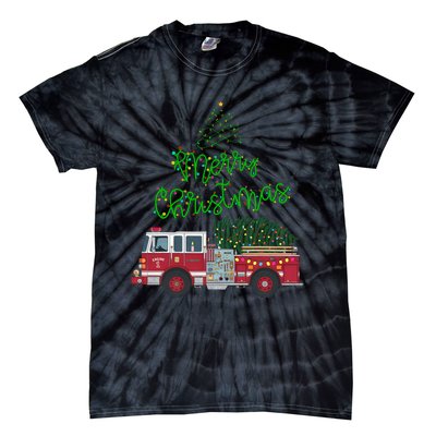 Merry Christmas Firetruck Xmas Tree Lights Tie-Dye T-Shirt