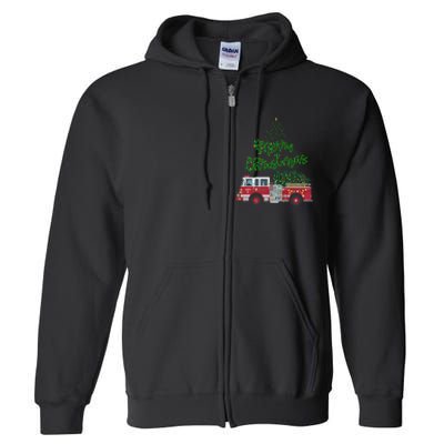 Merry Christmas Firetruck Xmas Tree Lights Full Zip Hoodie